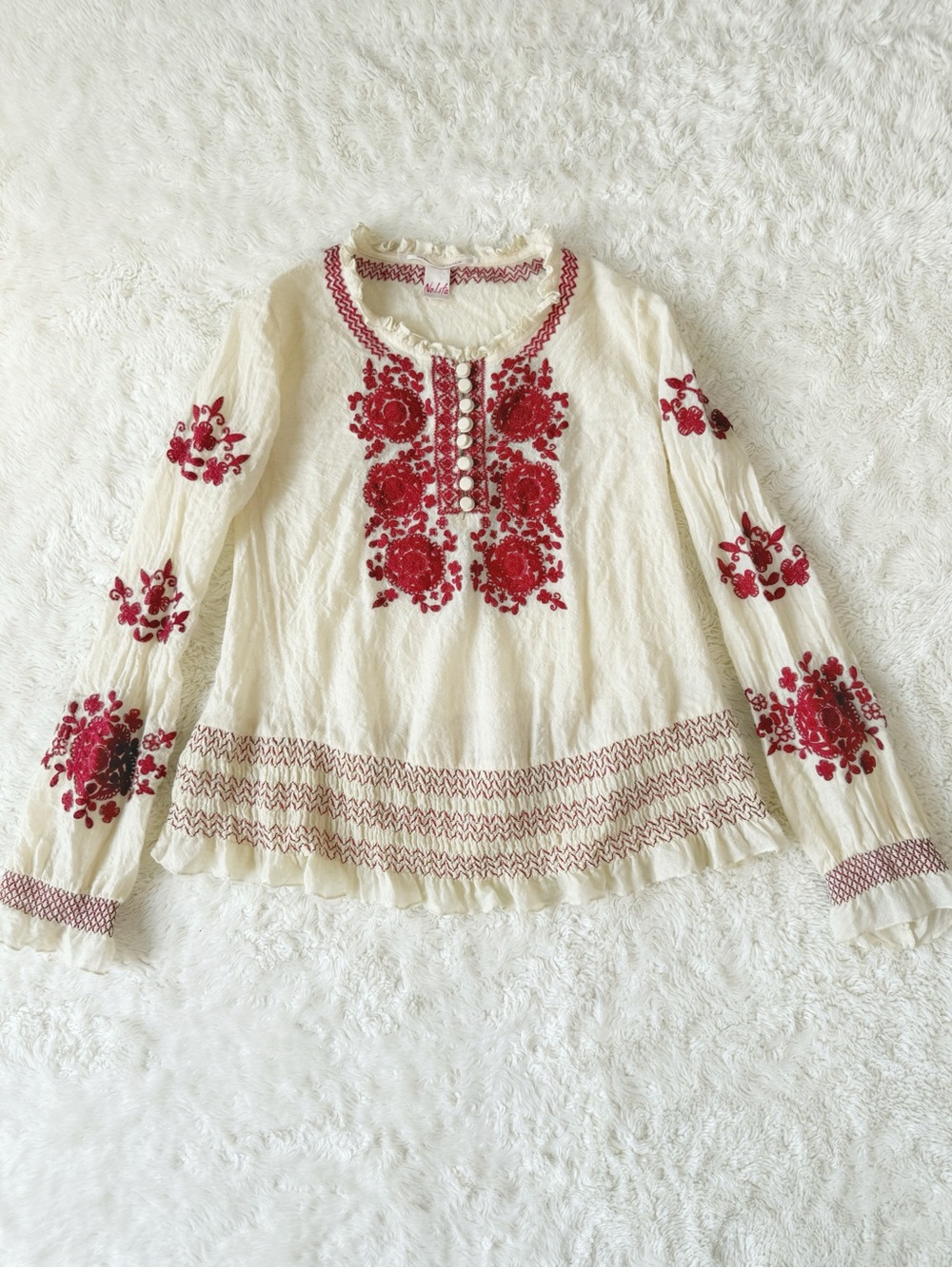 VTG Nolita Woman Cream Wool Embroidery Ruffle Boho Peasant Folk Long Sleeve EU40